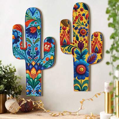 1/2 piezas de decoración de hogar de estilo primaveral con tema de cactus de madera, arte de pintura floral de verano, cartel de madera con mosaico de cactus, decoración creativa, adecuado para decoración de pared del hogar, decoración colgante de jardín exterior