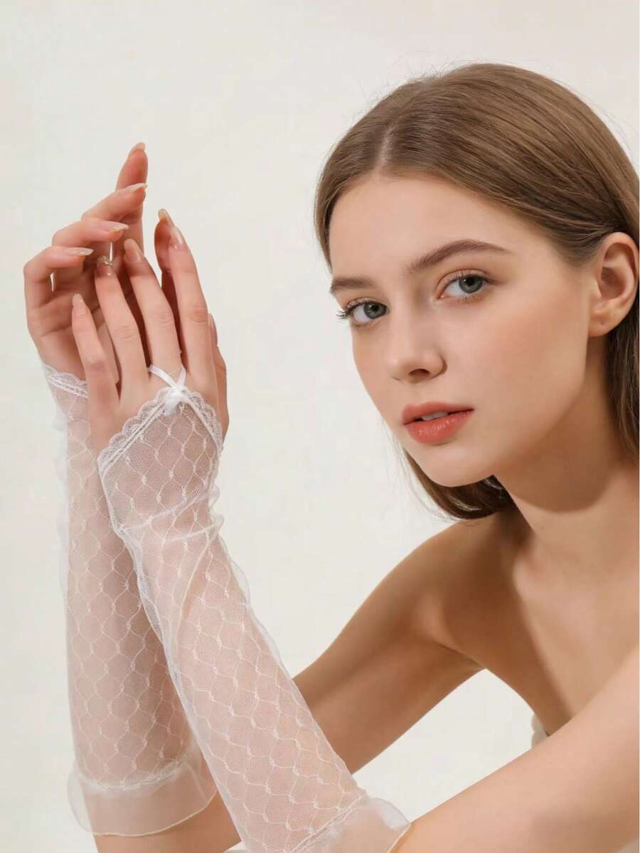 1 Pair White Bridal Lace Gloves - White - View 1