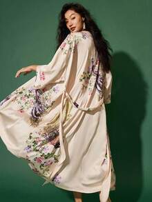 European And American Vintage Loose Plus Size Mid-Length Bohemian Peacock Print Kimono Cover Up Robe Summer Beach Cover-Up Bikini Swimwear Outerwear Bathrobe - Apricot - View 8