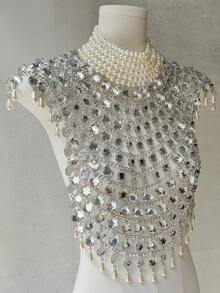 ZHENGHEN 1件闪亮全钻银色流苏性感女士身体链文胸上衣，网纱流苏胸链饰品项链性感内衣，奢华水晶节日服装比基尼文胸，夜店闪亮网纱流苏人造水晶胸链时尚高端镶钻胸链上衣配饰，性感奢华 - 白色 - 查看 4