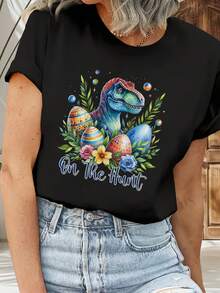 Camiseta De Manga Corta Para Mujer Con Estampado De Huevos De Pascua Y Pollitos - Blusa Casual De Cuello Redondo Para Primavera-Verano, Lavable A Máquina - Conjuntos De Primavera-Verano 670229 - [Negro] - Ver 4