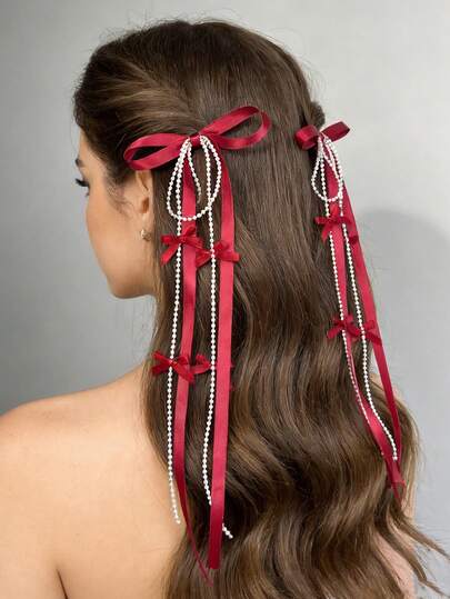 1件珍珠蝴蝶结流苏发夹套装 韩版甜美长丝带发饰 氛围发夹