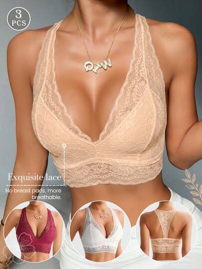 3pcs/Set Women's Wireless Lace Sexy Comfortable Breathable Backless Bras For Casual Wear
