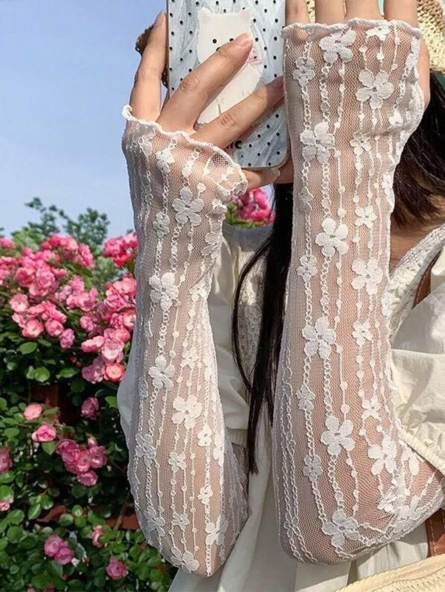 1 双精美防紫外线臂套，时尚蕾丝露指长手套，适合派对、约会、度假等场合 - 米色 - 查看 1