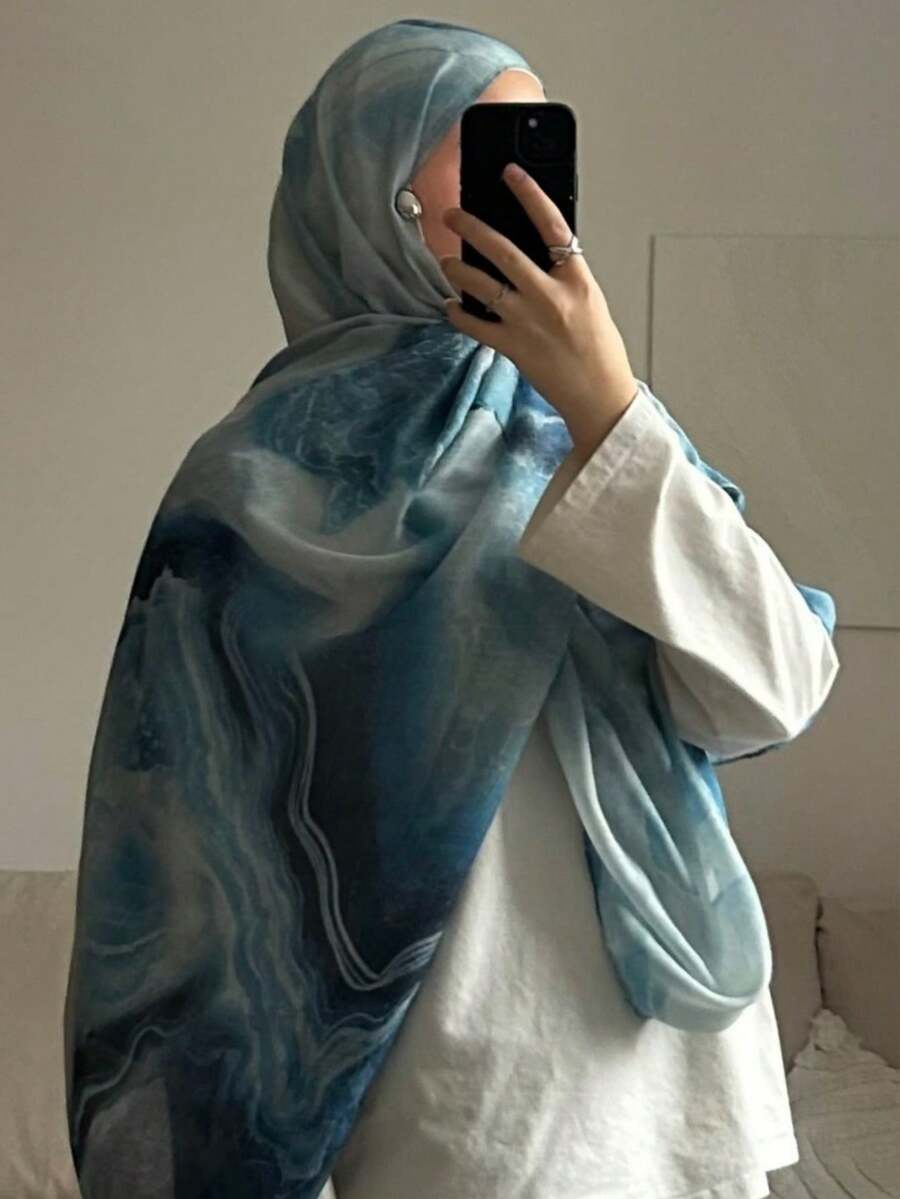 1pc Women Bohemian Watercolor Print Hijab Scarf, Suitable For Outdoor & Everyday Wear Abaya Accessories