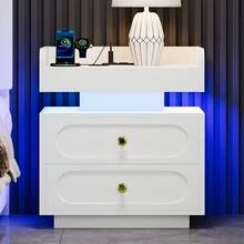 Mesita de noche moderna con base de carga, LED y 2 cajones, con tirador dorado y diseño redondeado, para dormitorio y sala de estar, color blanco y negro. - Blanco - Ver 12