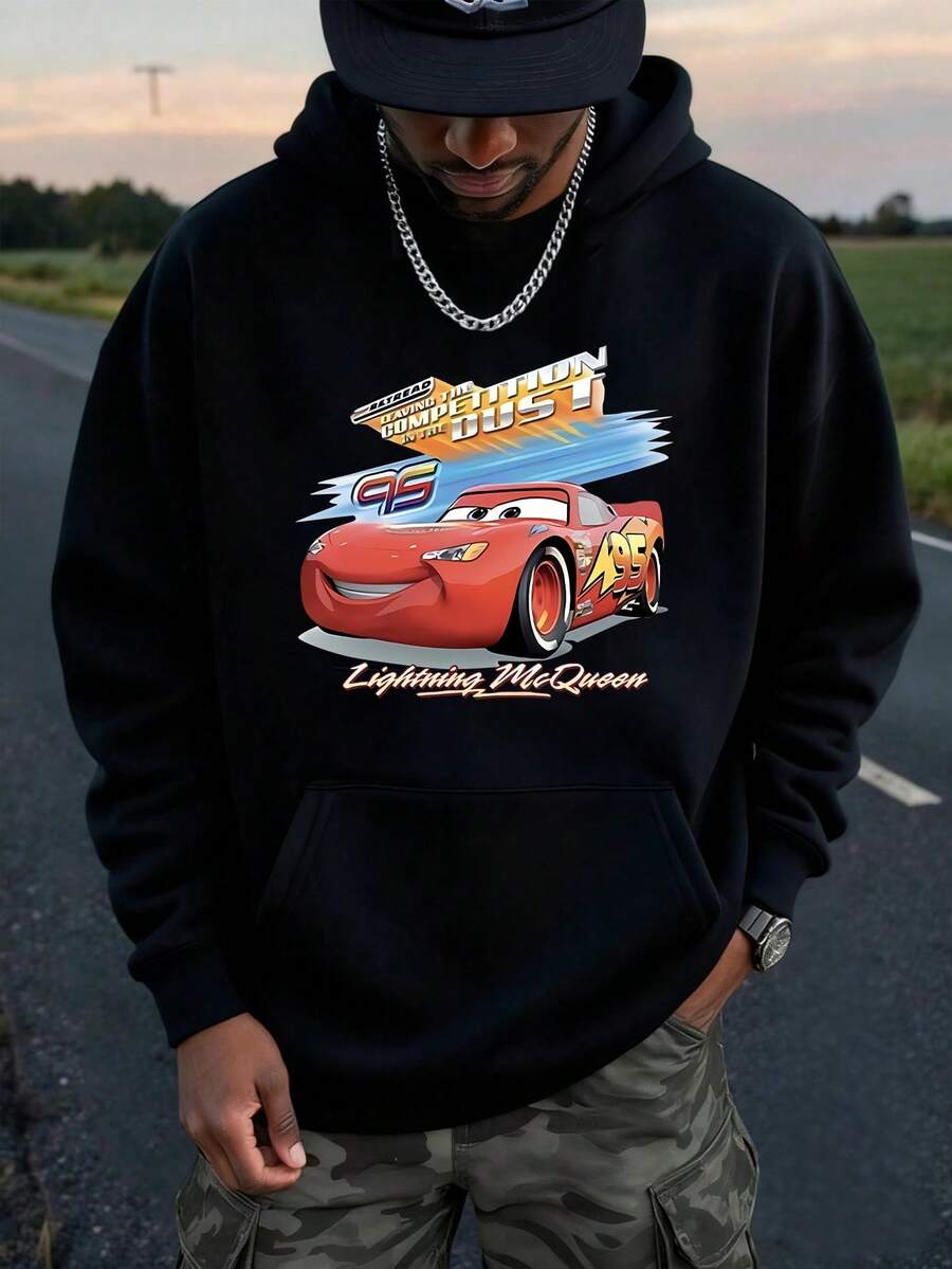 Disney Men's Casual Hoodie, Lightning McQueen Speed Rush Print, Dynamic Racing Design, Relaxed Fit, Perfect For Racing Fans & Streetwear - màu đen - Xem 1