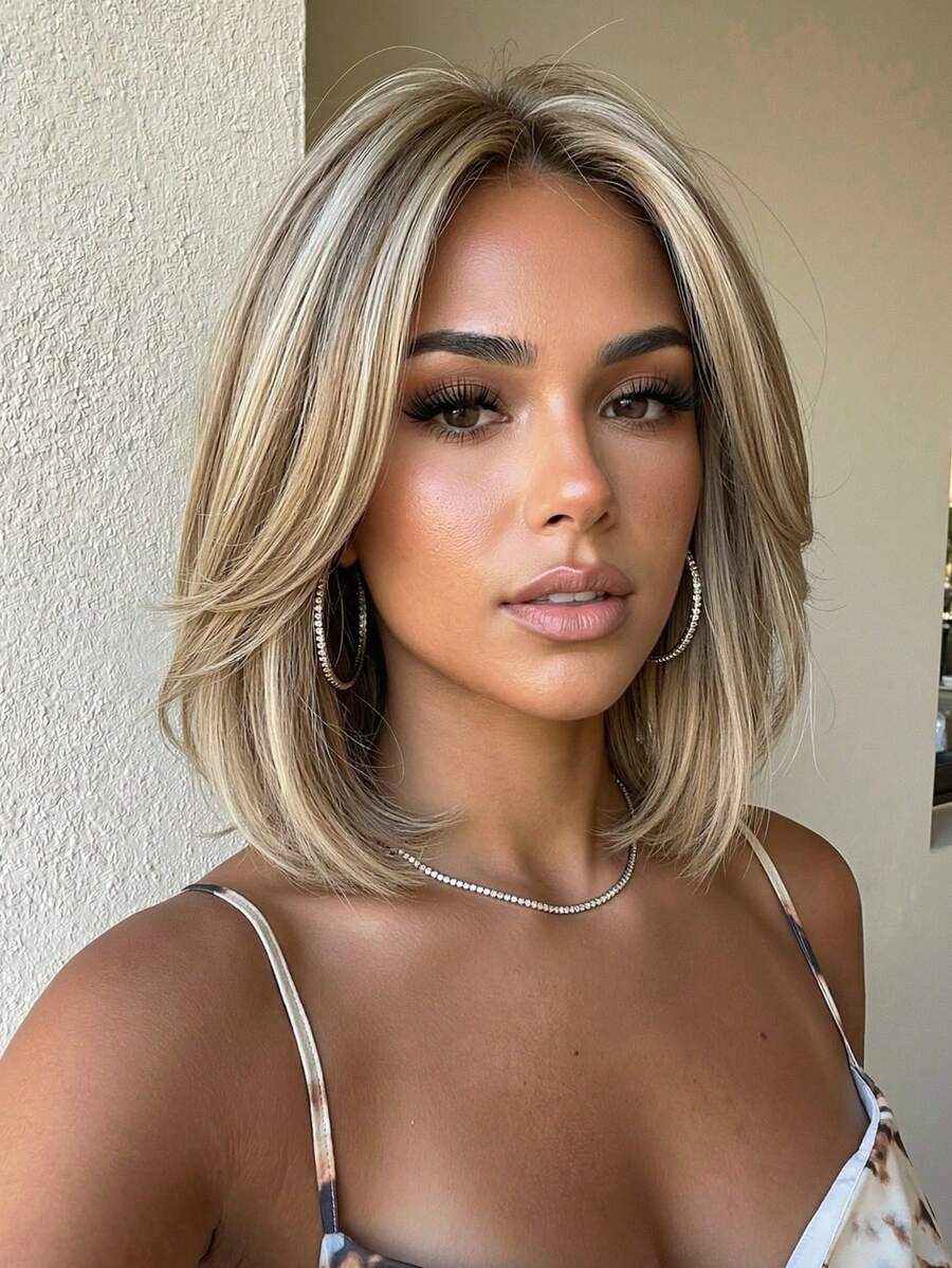 10 Inch Ash Blonde With Golden Highlights Bob Wigs For Women, Machine Made Heat Resistant Synthetic Wig With Bangs - Gold - View 1