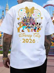 Disney 2026 Limited Edition Mickey Mouse And Friends Castle Pattern Short-Sleeve T-Shirt, Men's Summer Crew Neck T-Shirt, Comfortable And Soft Pure Cotton Men's T-Shirt, Suitable For Everyday Outings, Commuting, And Parties Men Clothes. - White - View 1