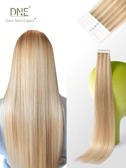 DNE HAIR 10 piezas de extensiones de cabello humano 100% con cinta adhesiva #P18/22 rubio sucio con reflejos rubio platino, estilo liso en longitudes de 14-22 pulgadas. Extensiones sedosas, sin costuras, invisibles, de alta calidad, con puntas gruesas y cabello humano saludable para cabello fino, uso en salón y uso diario para todas las mujeres/niñas