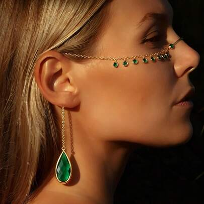 2026 New Arrival Emerald Green Water Drop Face Chain, European And American Niche Design Rhinestone Face Jewelry, Atmospheric Accessory For Women