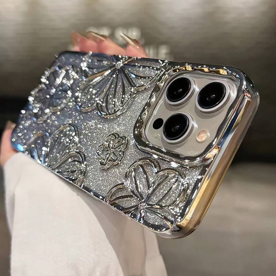 Glitter Electroplated Retro Personalized Hollow Three-Dimensional Oil Painting Flower Anti-Drop TPU Dopamine Case Suitable For IPhone Models IPhone11, IPhone13, IPhone14proMax, IPhone14, IPhone15, IPhone15proMax - hồng - Xem 1