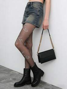 1 Paio di collant metallici con stampa a stelle, collant sottili e trasparenti, sexy, adatti per uso casual, all'aperto, danza, feste, uso quotidiano - nero - Visualizzare 2