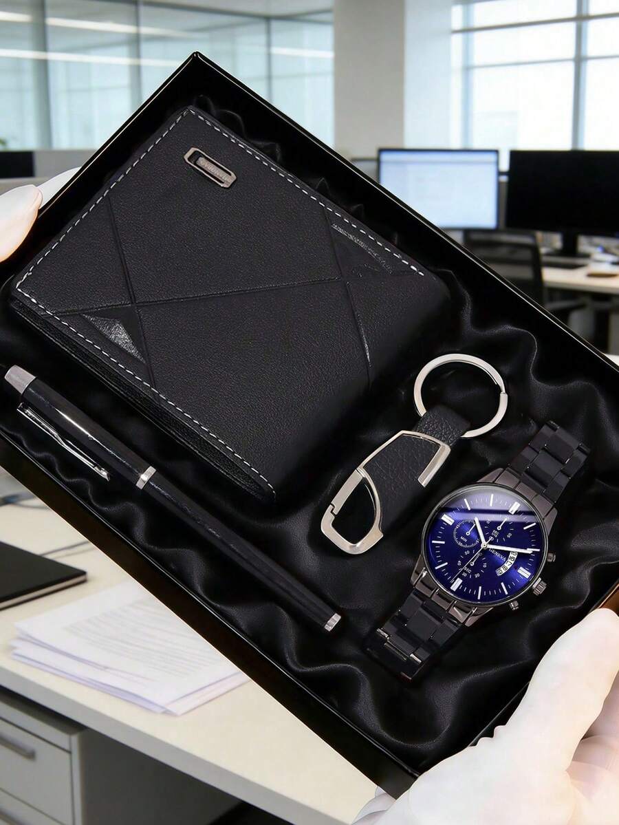 4pcs Minimalist Casual Men's Quartz Watch Set, Men's Business Elite Accessory Set (Includes Black Metal Strap Blue Dial Multifunction Quartz Watch, Black Textured Leather Wallet, Metallic Ballpoint Pen, Leather Keychain). - Black - View 1