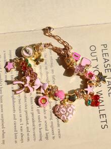1pc Pink Leopard Heart Charm Bracelet, Cute Bow Heart Bracelet, Strawberry & Star Girl Bracelet, Fake Food Donut Bracelet, Religious Virgin Mary Bracelet - Gold - View 5