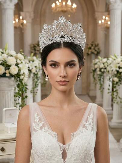 1件奢华镀银白色水钻女王皇冠，精致水晶新娘婚礼头饰，优雅生日派对发饰，闪亮选美头饰（女士款）