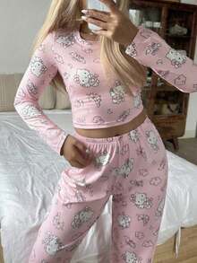 Sanrio 2pcs Hello Kitty Women's Round Neck Short Printed Long Sleeve Top + Elastic Waist Pants Cute Pajama Set - Pink - View 6