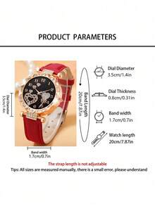 7 piezas Conjunto de accesorios románticos y cálidos para mujer (Incluye caja de reloj de oro rosa con esfera negra, reloj de cuarzo con números árabes con corazones y correa roja, pulsera con corazones de rhinestone, collar con corazón de rhinestone, anillo de rhinestone, aretes de botón de rhinestone, cartera con lazo rojo) - Rojo - Ver 3