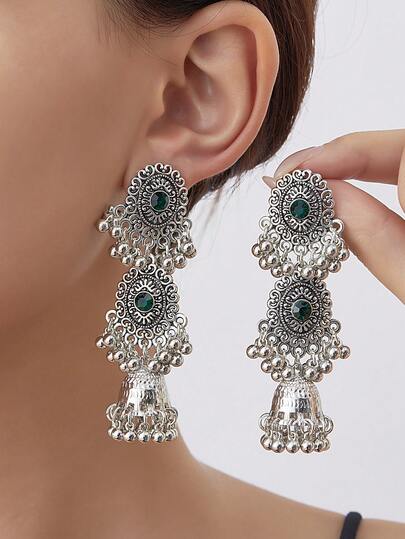 1 par de pendientes metálicos con forma ovalada y campanas, pendientes bohemios con borlas de cuentas, adecuados para uso diario, vacaciones y fiestas