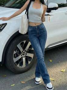 Quần jeans nữ ống loe dáng ôm rách phong cách vintage thường ngày. - Rửa tối - Xem 4