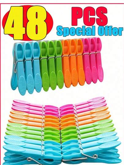 24/48 Pcs Cloth Clips, Clothespins, 73mm Colorful Plastic Clothespins & Sock Clips, Plastic Clothespins, Heavy Duty Clothespins With Springs, Heavy Duty Clothespins For Laundry, Clothespin Set For Air Drying, Towel Clips, Spring Clips, Beach Towel Clips. Suitable For Clothes, Towels & Socks (Random Colors)