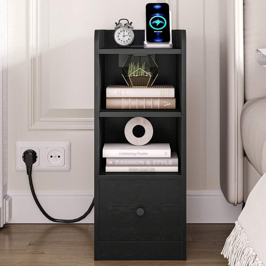 HaluPeit Bedside Table Set Of 2, With Charging Station, USB & Type C Connection, Narrow Side Table, 3 Levels Of Storage Space With 1 Drawer, Space-Saving, For Bedroom, Living Room - Black - View 1