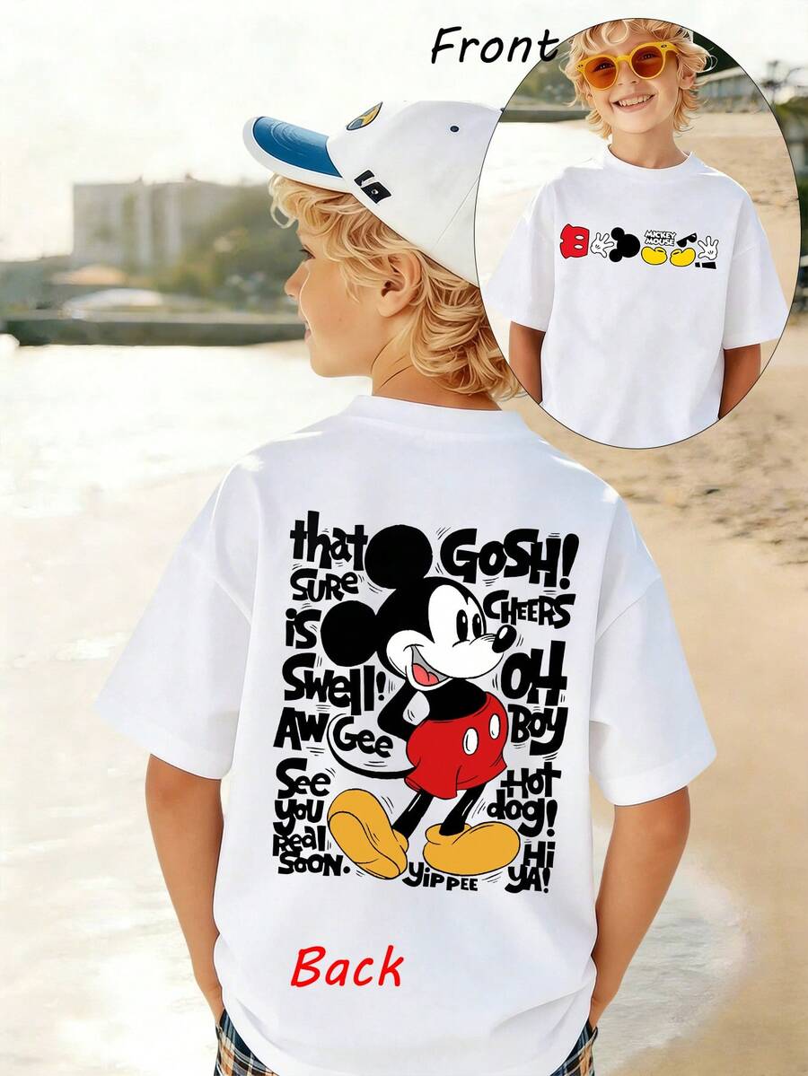 Disney Officially Licensed Mickey Mouse Double-Sided Print Boys' Casual T-Shirt Soft Breathable Versatile Everyday Wear For Playdates And Family Outings - White - View 1