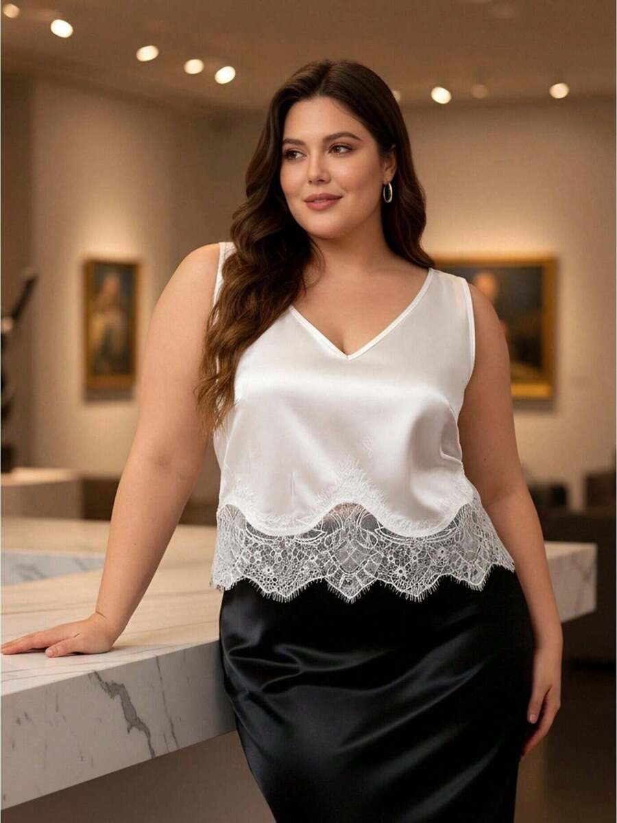 Women's Plus Size Satin Tank Tops Elegant Floral Lace Trim Sleeveless V Neck Loose Fit Vest For Party Daily Wear - 白色 - 查看 1