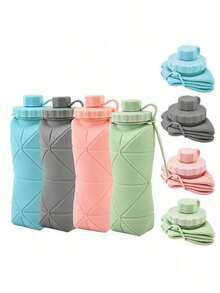 1pc 600ml Silicone Folding Bottle Adult Portable Reusable Plastic Cups Outdoor Travel Gym Water Bottle Motivational Drinking Bottle FIVP - Pink - View 2