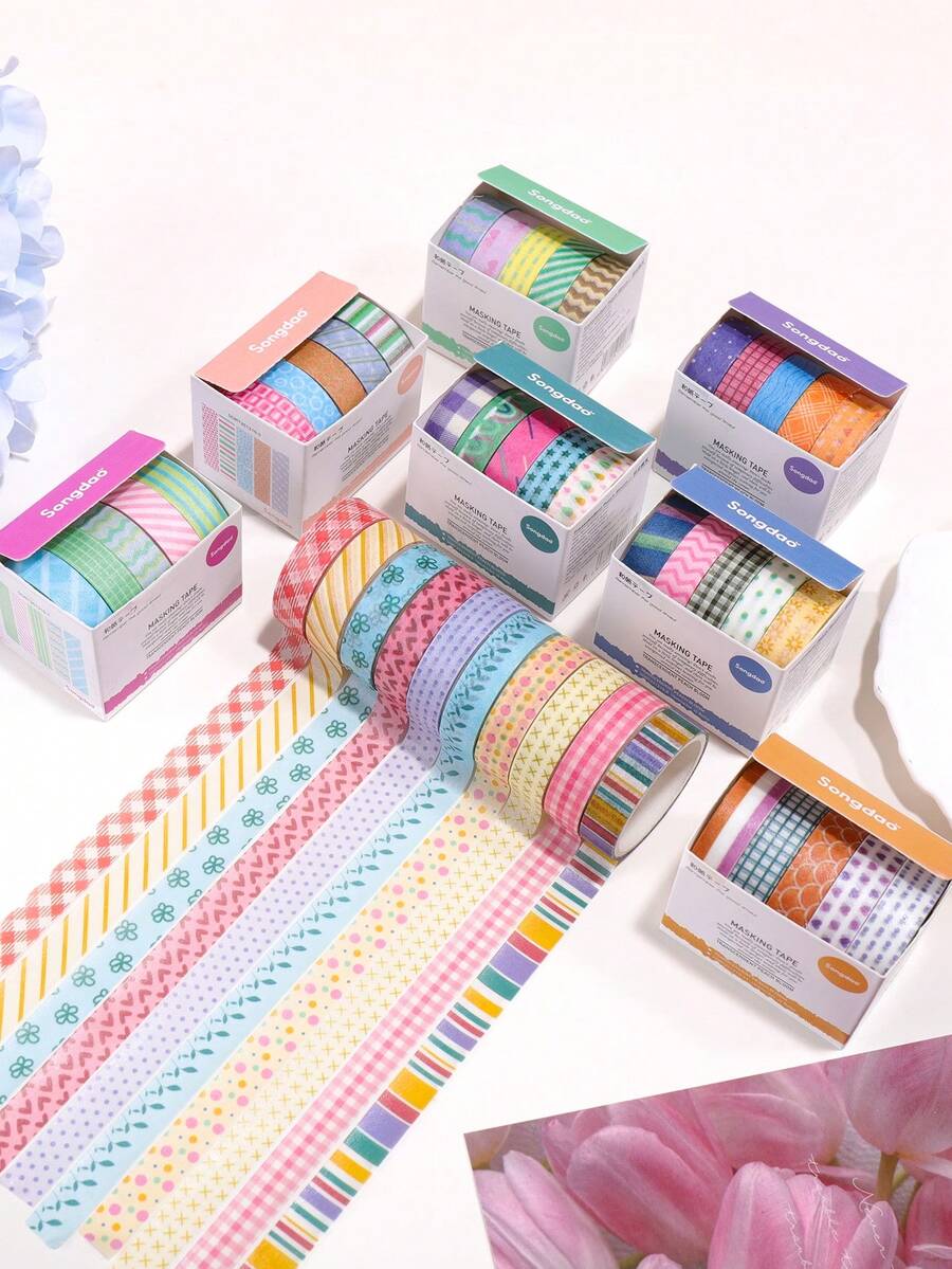 5卷/盒装饰和纸胶带 - 几何、花卉和格子图案，简约风格，适用于日记本、计划本、礼品包装 - 套裝 - 查看 1