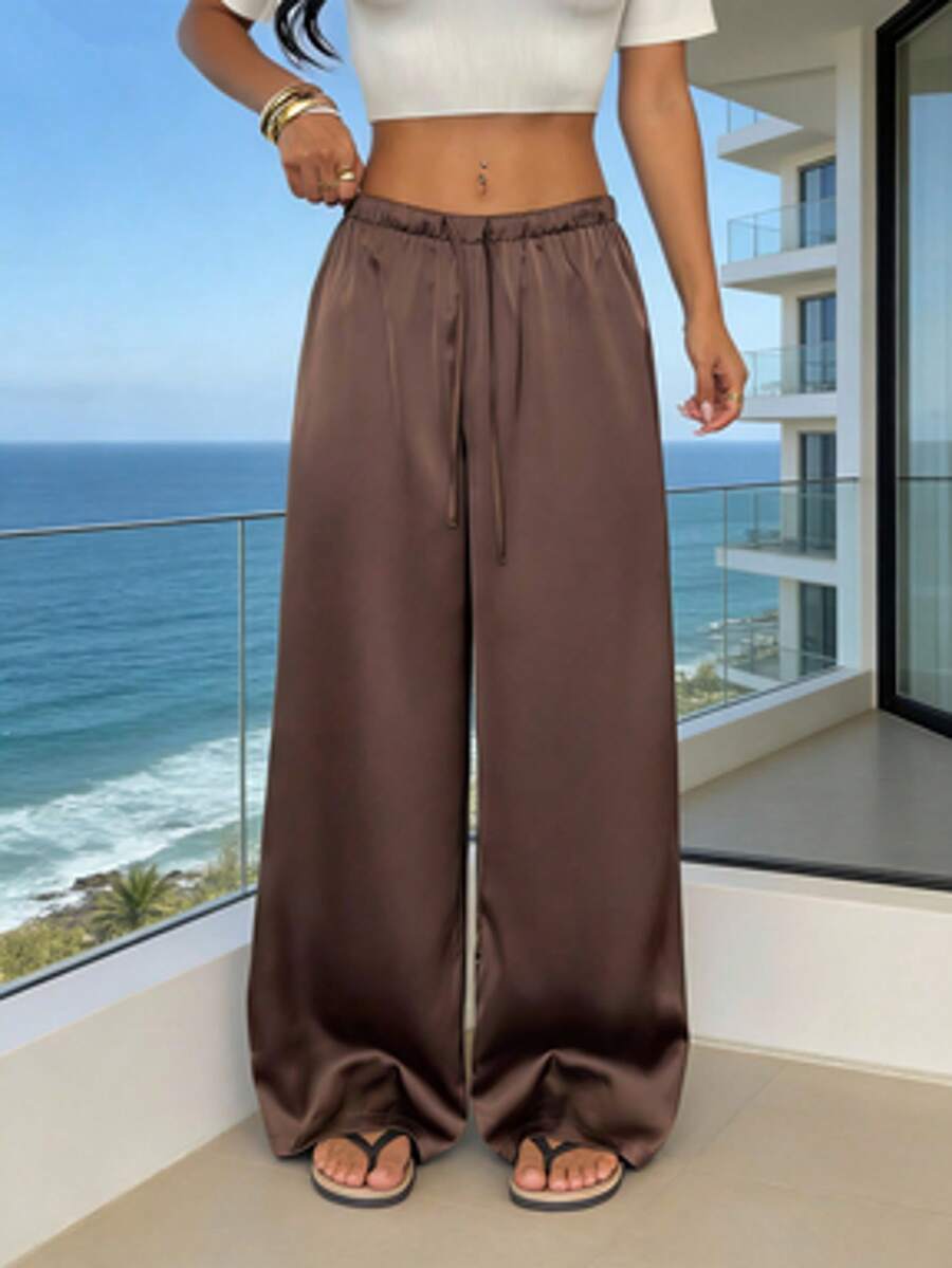 Damen einfarbige Hose mit Tunnelzug in der Taille und geradem Bein ohne Taschen, leichte Lässig-Hose, geeignet für Sommeroutfits im Frühling - Schokoladenbraun - Übersicht 1