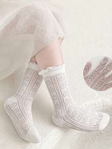 3双春夏女童透气网眼洛丽塔公主袜，纯白色蕾丝蝴蝶结袜 - 彩色 - 查看 3