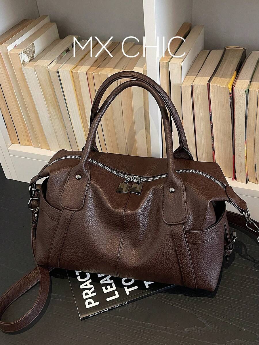 1件复古大容量手提包，复古PU单肩斜挎包，女士休闲托特包兼钱包 - 咖啡棕 - 查看 1