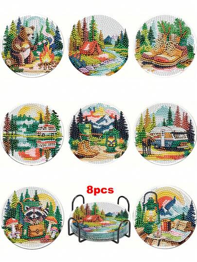 8pcs DIY Diamond Painting Coaster Set, Round & Bright Diamond Surface, Sturdy Adhesive With Full Tools, Easy For Beginners, Stress Relief Handcraft, New Year, Valentine's Day, Christmas, Teacher's Day Gift, Home Decor Coasters For Family, Friends, Girlfriend, Teacher
