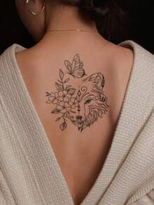 1pc Fashionable Niche Design Healing Wolf Head Tattoo Sticker, Floral & Butterfly Combination Design, Waterproof Sweat-Proof Non-Reflective Personalized Tattoo - Multicolor - View 4