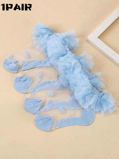 1/3 pares de calcetines finos de unicolor con adorno de encaje azul/blanco para niñas, nuevos para primavera/verano, transpirables