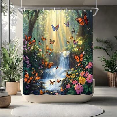 1pc Forest Waterfall Shower Curtain, Butterfly Spring Jungle Rainforest Wonderland, Dreamy Tropical Fairy Tale World, Flower Romantic Natural Bathroom Decoration, Suitable For Bathroom Bathtub Partition, Bathroom Shower Curtain Decoration, Bathroom Accessories