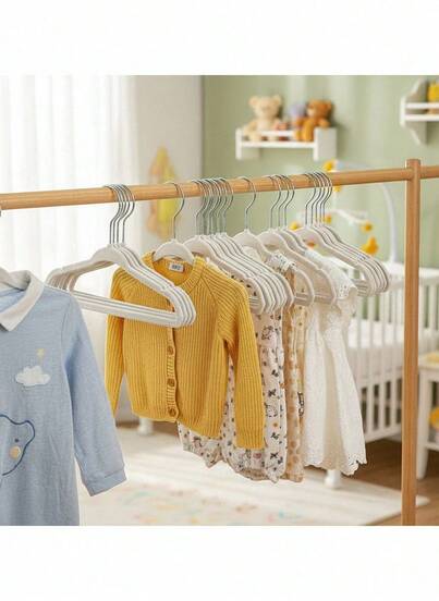 10/20/30pcs Baby Flocked Clothes Hangers, Non-Slip Plastic Infant Hangers, Multifunctional No-Trace Non-Slip Child Hangers, Storage Hangers, Flocked Hangers, Milky White