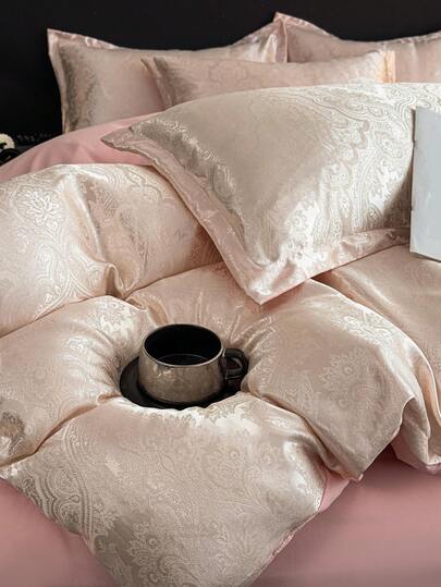 3件套粉色花卉提花柔软透气被套组（1个被套+2个枕套，不含被芯），适用于卧室和客房，可机洗，四季皆宜