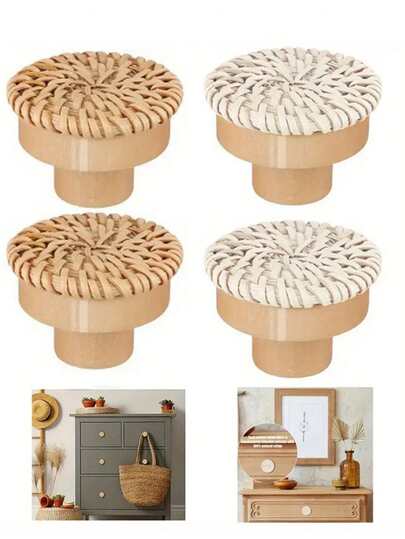2/4个手工编织藤条圆形抽屉/橱柜门拉手，带螺丝的木质装饰拉手，波西米亚风格家居装饰抽屉拉手