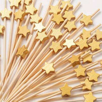 50pcs/100pcs Star Shaped Cocktail Picks - Premium Bamboo Star Decor Picks, Suitable For Christmas Appetizers, Drinks And Party BBQ, Food And Decor Accessories, Fruit Picks, BBQ Picks, Cocktail Decorations, Food Picks, Fruit Picks, Party Food Supplies, Party Food Service, Party Supplies