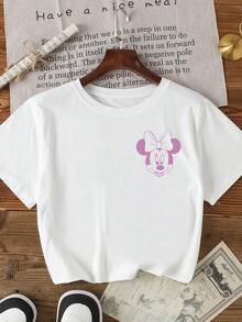 Disney Officially Licensed Minnie Mouse Double-Sided Print Girls' Cute Casual T-Shirt Soft Breathable Everyday Wear - 白色 - 查看 3