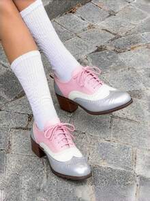 Comfortable Womens Classic Oxfords Lace Up Chunky Heel Oxfords Business Formal Wingtip Brogue Dress Shoes For Women - Hồng - Xem 3