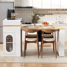 Kitchen Island On Wheels, Extendable Dining Table With Folding Top, Bar Table With Power Strips And Hooks, Serves As A Kitchen Island, Buffet Or Bar Table For The Kitchen And Dining Room (White) - White + MDF + Glass - View 3