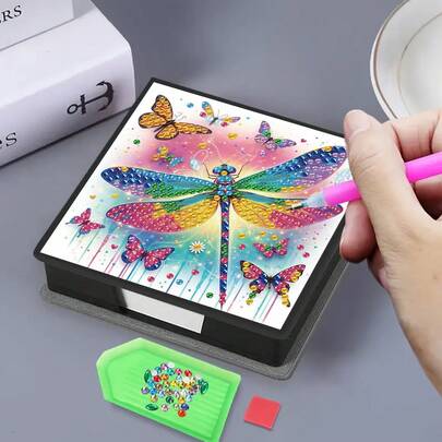 1pc DIY Diamond Art Dragonfly Pattern, Asymmetrical Rhinestone Inlaid Painting On Black Faux Leather Self-Adhesive Memo Pad Box With 160 Sheets, Ideal For Home, Office And School Supplies, Handicraft, Cute Stationery, Holiday Gift