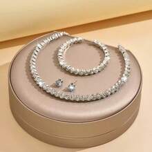 3件套优雅全水晶新娘首饰套装，闪亮单排钻石项链，女士款 - 銀色 - 查看 7