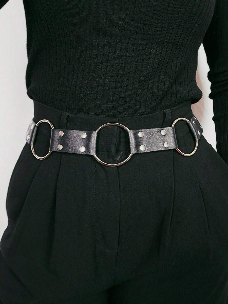 1件装女士时尚性感黑色朋克金属扣铆钉腰带，西部牛仔风格真皮腰带，适合日常穿着、万圣节、音乐节等场合。 - 黑色 - 查看 1