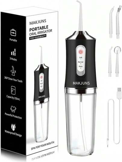 Irrigador Bucal Portátil Recargable, 3 Modos y 4 Boquillas Especializadas, con Boquilla Giratoria a 360°. Limpieza Profunda, IPX7 Impermeable, Para Viajes, Familia y Uso con Brackets
