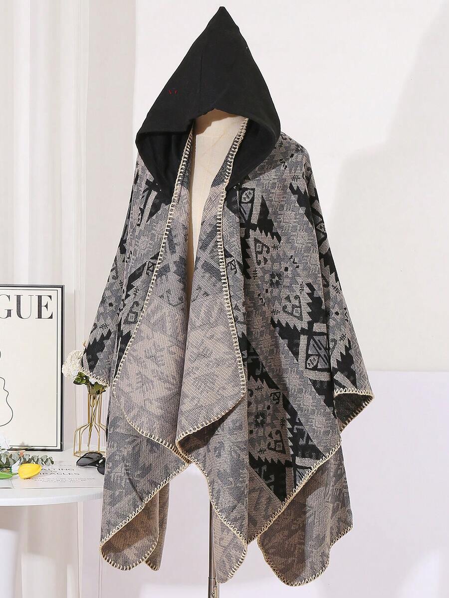 1pc Comfortable Geometric Color Block Jacquard Poncho Shawl - Multicolor - View 1