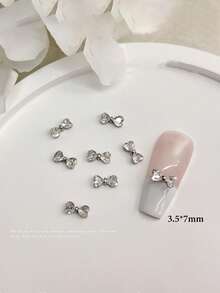 10pcs New Mini French Bow Zirconia Nail Art Decorations, Ultra Shiny 3D Silver Bow Zirconia Nail Jewelry Nail Charms - White - View 8